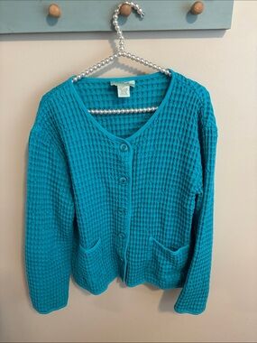Cindy Bai Women's Teal Waffle-Knit Button Cardigan Sweater size medium